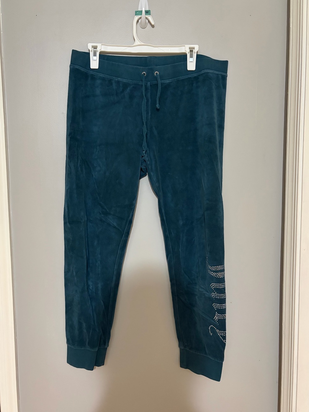 Juicy Couture Black Label Teal Velour Joggers Pants with Rhinestone Side Logo
